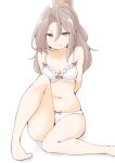  1girl akara_kai barefoot bra breasts brown_eyes brown_hair commentary_request hair_between_eyes highres kantai_collection long_hair looking_at_viewer navel panties shadow simple_background sitting small_breasts solo sweatdrop underwear underwear_only white_background white_bra white_panties zuihou_(kancolle) 