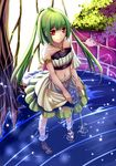  armlet barefoot green_hair highres long_hair looking_at_viewer midriff navel original red_eyes skirt skirt_basket smile solo strapless tubetop twintails wading water yan_(nicknikg) 