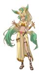  1girl ancient_egyptian_clothes animal_ears armlet blonde_hair blush bracelet circlet commentary_request dark-skinned_female dark_skin front_slit gladiator_sandals green_hair high_ponytail holding holding_test_tube holster jewelry leaf_tail leafeon long_skirt midriff multicolored_hair navel personification pokemon ponytail sandals skirt smile solo tail test_tube thigh_holster thigh_strap tina_primarina toes two-tone_hair usekh_collar 