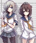  adjusting_clothes adjusting_gloves arms_behind_back berukko blue_eyes brown_hair dress gloves grey_skirt hair_ornament hair_over_one_eye hairclip hamakaze_(kantai_collection) headgear kantai_collection long_sleeves multiple_girls pantyhose pleated_skirt sailor_collar sailor_dress school_uniform serafuku short_hair silver_hair skirt thigh_strap white_gloves yukikaze_(kantai_collection) 