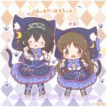  2girls :d ^_^ animal_ear_fluff animal_ears animal_hood argyle_background argyle_clothes argyle_pantyhose black_hair blue_bow blue_capelet blue_dress blue_pantyhose blush bow breasts brooch brown_eyes brown_hair capelet closed_eyes commentary_request crescent dress fake_animal_ears fang hair_between_eyes halloween heart hood hood_up hooded_capelet idolmaster idolmaster_cinderella_girls jewelry long_sleeves medium_breasts mitarashi_neko multiple_girls open_mouth pantyhose paw_pose sagisawa_fumika shoes small_breasts smile sparkle striped_bow tachibana_arisu tail translation_request v-shaped_eyebrows white_shoes wide_sleeves 
