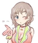  :o ;o bad_id bad_pixiv_id bare_shoulders blue_eyes blush breasts brown_hair choker cleavage collarbone earrings eyebrows eyelashes freckles gloves heart idolmaster idolmaster_cinderella_girls jewelry kate_(idolmaster) large_breasts looking_at_viewer ohagiko one_eye_closed pink_gloves shirt short_hair simple_background sleeping sleeveless sleeveless_shirt solo spoken_heart thick_eyebrows upper_body white_background 