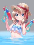  1girl absurdres alternate_costume bikini blue_bikini blue_bow blue_bowtie blue_eyes bow bowtie brown_hair closed_mouth commentary commission english_commentary from_side hair_between_eyes hat hat_bow hat_ornament heart heart_hat_ornament highres holding holding_water_gun honinohony medium_hair navel neuro-sama osu! partially_submerged solo star_(symbol) star_hat_ornament straw_hat swimsuit third-party_source upper_body vedal_ai virtual_youtuber water_gun 