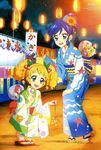  absurdres aikatsu! aikatsu!_(series) animage blonde_hair blue_eyes blue_hair cloud fan feet fireworks highres japanese_clothes kiriya_aoi kooribata multiple_girls night non-web_source official_art saegusa_kii sakai_kasumi sandals scan senkou_hanabi sky sparkler star 