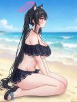  1girl absurdres alkaline_tears. alternate_breast_size_(larger) animal_ears bare_shoulders beach bikini black_bikini black_hair blue_archive blush breasts cat_ears cleavage commentary_request frilled_bikini frills groin halo highres large_breasts long_hair navel purple_halo red_eyes sandals serika_(blue_archive) serika_(swimsuit)_(blue_archive) sitting solo swimsuit thighs twintails underboob 