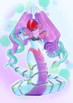  1girl armor commentary_request em_wave_change_(mega_man) helmet lamia luna_platz_(mega_man) mega_man_(series) mega_man_star_force_(series) midriff monster_girl mouth_veil purple_helmet queen_ophiuca_(mega_man) red_eyes shoulder_armor smile snake traditional_media uta_(denpa-pipin) veil 