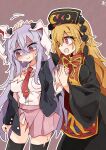  2girls @_@ absurdres animal_ears black_dress black_hat black_jacket black_thighhighs blazer blonde_hair breasts brown_background chinese_clothes closed_mouth collared_shirt commentary_request crescent_print dalachi_(headdress) defeat dress hair_between_eyes hand_grab hat headpat highres jacket junko_(touhou) large_breasts long_hair long_sleeves minoru_minoru multiple_girls necktie open_clothes open_jacket open_mouth outline phoenix_print pink_skirt purple_hair rabbit_ears rabbit_girl rabbit_tail red_eyes red_necktie red_tabard reisen_udongein_inaba shirt simple_background skirt smile sweat tabard tail thighhighs torn_clothes torn_shirt torn_skirt torn_thighhighs touhou very_long_hair white_outline white_shirt wide_sleeves yuri 