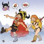  1girl 2boys artist_name axe bandage_over_one_eye bangle belt belt_buckle black_hair black_shorts blush boned_meat bracelet braid brown_loincloth buckle campfire cape capelet choker crop_top english_commentary fake_horns food fur_cape fur_capelet fur_leg_warmers helmet highres holding_hands horned_helmet horns jewelry leg_warmers loincloth loki_(one_piece) long_hair looking_at_another meat midriff monkey_d._luffy mountainous_horizon multiple_boys nami_(one_piece) navel official_alternate_costume official_alternate_hairstyle one_piece open_mouth orange_hair outdoors pointing pointing_forward purple_hair red_cape shampowrado shorts shoulder_tattoo single_braided_sidelock snow snowing sword sword_on_back tattoo walking weapon weapon_on_back yellow_capelet 
