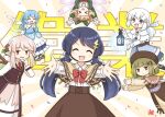  >_< 6+girls ^_^ alice_(kitagawa_suigetsu) artist_logo belt blonde_hair blue_hair blue_jacket blue_kimono blue_skirt bow bow_hairband bowtie brown_capelet brown_eyes brown_hat brown_jacket brown_skirt brown_vest capelet closed_eyes confetti crescent crescent_hair_ornament dress elsie_(kitagawa_suigetsu) estania fairy fairy_wings food-themed_hair_ornament frilled_capelet frilled_skirt frills green_bow green_dress green_hair green_hairband green_wings grey_eyes hair_bow hair_ornament hairband hat holding holding_lantern jacket japanese_clothes jitome kimono kitagawa_suigetsu kitagawa_suigetsu_(character) lantern leaf_hair_ornament logo long_sidelocks low_twintails lumiricca_(kitagawa_suigetsu) multiple_girls mushroom_hair_ornament necktie open_mouth original outstretched_arm pink_hair pink_wings pointy_ears ponytail red_bow red_bowtie red_eyes red_necktie shirt sidelocks sienit_(kitagawa_suigetsu) skirt smile striped_background transparent_wings twintails two-tone_skirt upside-down vest waist_bag waraji white_background white_bow white_capelet white_shirt white_skirt wings yellow_background yellow_capelet yellow_dress 