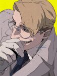  1boy blonde_hair coat evil_grin evil_smile glasses gloves grin hand_on_own_face hellsing highres major_(hellsing) male_focus nazi necktie sashimi_oran smile suit white_gloves white_suit 