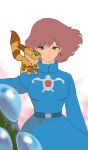  1girl absurdres aruga_teruto belt blue_belt blue_dress breasts brooch brown_eyes brown_hair closed_mouth commentary_request cowboy_shot creature creature_on_shoulder dress earrings floating_hair highres jewelry kaze_no_tani_no_nausicaa looking_at_viewer medium_breasts medium_hair nausicaa ohmu on_shoulder teto_(nausicaa) wind 