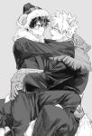  2boys animal_ears arms_around_another's_waist arms_around_neck bakugou_katsuki blush boku_no_hero_academia boku_no_hero_academia_7th_popularity_poll closed_mouth commentary_request freckles gloves grey_background greyscale highres horns hug male_focus midoriya_izuku monochrome multiple_boys open_mouth sheep_horns short_hair simple_background sitting sitting_on_lap sitting_on_person spiked_hair watteru22 wolf_ears yaoi 