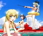  anchovy anglerfish bikini black_bikini black_hair blonde_hair blush boat braid breasts brown_eyes carpaccio casual_one-piece_swimsuit cleavage cloud day drill_hair flag_print front-tie_top girls_und_panzer goggles goggles_on_head green_eyes grin hair_ribbon holding inflatable_toy innertube italian_flag large_breasts long_hair looking_at_viewer medium_breasts multiple_girls ocean one-piece_swimsuit oosaka_kanagawa open_mouth orange_bikini outdoors pepperoni_(girls_und_panzer) print_swimsuit ribbon riding_crop short_hair side-tie_bikini side_braid sitting sky smile standing straddling strap_gap swimsuit twin_drills twintails watercraft white_swimsuit 