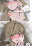  2girls blue_eyes blush brown_hair closed_eyes columbina_(genshin_impact) commentary_request eye_mask genshin_impact hair_ornament hair_ribbon hand_on_another's_cheek hand_on_another's_face head_wings heart highres long_hair lying mask multiple_girls qmn12987411 ribbon sandrone_(genshin_impact) simple_background white_background wings yuri 