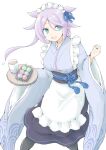  1girl akara_kai apron black_hakama black_pantyhose blue_kimono blush breasts commentary_request cup dango food frills hakama hakama_skirt highres japanese_clothes kantai_collection kimono large_breasts long_hair long_sleeves looking_at_viewer maid maid_headdress pantyhose plate skirt smile solo teacup tray umikaze_(kancolle) umikaze_kai_ni_(kancolle) wa_maid wagashi white_apron wide_sleeves 