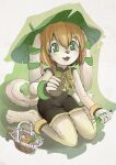  absurdres anklet basset_hound black_jumpsuit black_nose chinese_knot commentary dog_girl dog_tail fangs freedom_planet freedom_planet_2 furry furry_female green_eyes highres jewelry jumpsuit long_animal_ears milla_basset nikoyosan orange_hair romper short_hair sitting sleeveless_jumpsuit tail wariza white_fur 