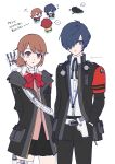  ... 1boy 1girl ? absurdres armband arrow_(projectile) belt black_jacket black_pants black_ribbon black_skirt blue_eyes blue_hair bow bow_(weapon) bowtie brown_eyes brown_hair cardigan chibi choker closed_mouth collared_shirt gekkoukan_high_school_uniform gun hair_over_one_eye headphones highres holster holstered jacket kamishiro_nagisa looking_at_viewer multiple_boys neck_ribbon open_clothes open_jacket pants persona persona_3 persona_3_reload persona_5 persona_5:_the_phantom_x pink_cardigan po_su_su quiver red_armband red_bow red_bowtie red_hair ribbon school_uniform shirt short_hair simple_background skirt spoken_ellipsis takeba_yukari thigh_holster twitter_username weapon white_background white_choker white_shirt yuuki_makoto_(persona_3) 