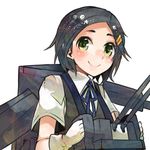  black_hair blouse blue_neckwear blue_ribbon cannon gloves green_eyes hair_ornament hair_ribbon hairclip itomugi-kun kantai_collection kuroshio_(kantai_collection) neck_ribbon ribbon school_uniform short_hair short_sleeves smile solo turret vest white_gloves 