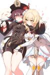  2girls absurdres bead_bracelet beads black_gloves black_hat black_nails black_shorts blonde_hair blush boo_tao_(genshin_impact) boots bracelet breasts brown_hair cleavage commentary detached_sleeves dress flower flower-shaped_pupils genshin_impact ghost gloves hair_between_eyes hair_flower hair_ornament hands_on_another's_thighs hat hat_flower heart highres hu_tao_(genshin_impact) jewelry long_hair long_sleeves lumine_(genshin_impact) medium_breasts multiple_girls multiple_rings nail_polish orange_eyes partially_fingerless_gloves red_eyes red_flower ring short_hair_with_long_locks shorts symbol-shaped_pupils thigh_boots wai1010 wavy_mouth white_background white_dress white_flower yuri 