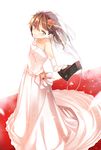  alternate_costume alternate_hairstyle bare_shoulders brown_hair dress elbow_gloves flower furisuku gloves hair_flower hair_ornament highres kantai_collection ryuujou_(kantai_collection) skirt solo wedding_dress white_background white_gloves 