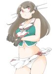  1girl akara_kai black_gloves black_hair blush breasts choker choukai_(kancolle) choukai_kai_ni_(kancolle) cleavage commentary_request glasses gloves gradient_clothes gradient_skirt hair_ornament hat headgear highres kantai_collection large_breasts long_hair looking_at_viewer midriff panties pleated_skirt red_eyes rimless_eyewear shirt skirt sleeveless sleeveless_shirt solo underwear white_panties white_skirt 