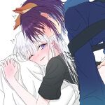  2girls absurdres animal_ears black_shirt blue_eyes blue_hoodie blush cho_kaguya-hime! closed_eyes commentary_request forehead_jewel fox_ears hand_blush highres hood hoodie implied_futanari korean_commentary long_hair lying multicolored_hair multiple_girls on_stomach one_eye_closed open_mouth pink_hair purple_hair runami_yachiyo sakayori_iroha shirt short_hair short_sleeves sweat trembling white_hair xp0p0p0x yuri 