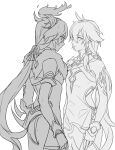  2girls absurdres amyucheu closed_mouth commentary_request elbow_gloves fu_hua fu_hua_(phoenix) gloves greyscale hair_ornament herrscher_of_sentience herrscher_of_sentience_(onyx_simurgh) highres honkai_(series) honkai_impact_3rd long_hair looking_at_viewer monochrome multiple_girls ponytail simple_background white_background 