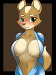  2014 anthro big_breasts blush breasts canine clothed clothing eyebrows female fox gray_nose green_eyes kloudmutt looking_away mammal navel solo 