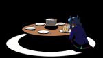  anniversary black_background blue_hair blue_jacket cake cake_slice candle commentary dress english_commentary facing_away flavor_foley food fork happy_birthday hatsune_miku highres hugging_own_legs jacket lonely long_sleeves looking_at_object multicolored_dress official_art plate static_(vocaloid) vocaloid 
