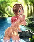  aozarigani ass bad_id bad_pixiv_id blue_eyes blush brown_hair dappled_sunlight day forest from_behind hood hood_down looking_away nature original outdoors river short_hair solo strap_slip sunlight tears wading water wet wet_clothes 