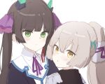  2girls alternate_hairstyle black_hair blunt_bangs blunt_ends blush brown_hair closed_mouth commentary_request cosplay costume_switch epaulettes fake_horns frown green_eyes hair_ribbon hairstyle_switch heaven_burns_red highres hime_cut horns korean_commentary looking_at_viewer looking_back milchu multiple_girls natsume_inori natsume_inori_(cosplay) neck_ribbon ogasahara_hisame ogasahara_hisame_(cosplay) parted_lips ponytail portrait purple_ribbon red_ribbon ribbon shirt sidelocks simple_background twintails upper_body white_background white_shirt yellow_eyes 