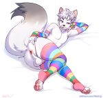 4_toes anthro anus armwear big_butt black_claws black_nose blep blue_armwear blue_clothing blue_eyes blue_legwear butt canid canine character_request claws clothing dipstick_ears dipstick_tail ear_markings feet femboy flaccid fluffy fluffy_tail foreskin fox fur genitals glans green_armwear green_claws green_clothing green_legwear grey_body grey_fur grey_hair grin hair hi_res huge_butt huge_thighs humanoid_genitalia humanoid_penis inner_ear_fluff legwear looking_away lying male mammal markings multicolored_armwear multicolored_clothing multicolored_ears multicolored_legwear on_side orange_armwear orange_clothing orange_legwear painted_claws pawpads penis perineum pink_anus pink_glans pink_pawpads purple_armwear purple_claws purple_clothing purple_legwear rainbow_armwear rainbow_clothing rainbow_legwear red_armwear red_claws red_clothing red_legwear smile solo spread_butt spreading tail tail_markings thick_thighs toes tokifuji tongue tongue_out tuft white_body white_fur white_inner_ear_fluff white_perineum yellow_armwear yellow_clothing yellow_legwear 