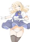  1girl akara_kai black_thighhighs blonde_hair blue_eyes blue_necktie blush braid braided_bun breasts brown_hair clothes_lift commentary_request dress dress_lift gloves hair_bun highres kantai_collection long_hair looking_at_viewer medium_breasts necktie one_eye_closed panties ranger_(kancolle) smile solo thighhighs two-tone_dress underwear white_gloves white_panties wind wind_lift 