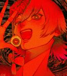  1girl artist_name brain chainsaw_man commentary cosmo_(chainsaw_man) dangling_eye english_commentary exposed_brain hair_ribbon heart heart-shaped_pupils highres looking_at_viewer open_mouth orange_theme ribbon shekisheki15 short_hair short_twintails signature smile solo symbol-shaped_pupils teeth tongue twintails 