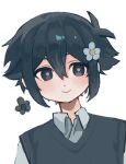  1boy :> alternate_color alternate_eye_color alternate_hair_color antenna_hair basil_(faraway)_(omori) basil_(omori) black_eyes black_hair black_sweater_vest blush closed_mouth collared_shirt commentary_request flower hair_flower hair_ornament looking_at_viewer male_focus omori prototype_design revision shirt short_hair simple_background smile solo sweater_vest tokkooyaku white_background white_shirt 