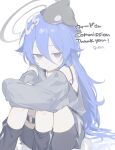  1girl absurdres bare_shoulders black_leg_warmers black_shorts blue_eyes blue_hair budo_(budoboros) clothing_cutout collarbone commentary_request commission expressionless grey_shirt hair_between_eyes halo highres hugging_own_legs jewelry leg_warmers looking_at_viewer necklace nono-chan_(ayanue) orca original reflective_floor shirt shorts shoulder_cutout sitting sleeves_past_fingers sleeves_past_wrists solo thigh_strap 