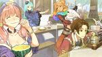  3girls atelier_(series) atelier_shallie blue_hair blush bowl bracelet brown_hair choker closed_eyes coat eating escha_malier expressionless food food_on_face fruit fruit_cup gloves green_eyes half_updo hat hidari_(left_side) jewelry jurie_crotze long_hair multicolored multicolored_clothes multicolored_scarf multiple_girls necktie odelia_(atelier) official_art orange_hair pink_hair scarf short_hair sleeves_past_wrists smile solle_grumman table tasting twintails uniform winding_key wings 