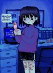  1girl absurdres black_hair black_shorts bleeding blood blue_theme book boxcutter bulletin_board cellphone cellphone_charm chair charm_(object) closed_mouth commentary computer crying crying_with_eyes_open cuts desk dolphin_shorts drawer english_commentary english_text eye_reflection feet_out_of_frame flip_phone folding_chair frown hair_behind_ear hair_between_eyes hands_up highres holding holding_phone indoors injury jaggy_lines laptop lonely long_sleeves medicine no_nose notification original own_hands_together phone photo_(object) pill pill_bottle razor_blade reflection sad self-harm short_hair shorts solo speech_bubble standing sunny_sakana sweater tareme tearing_up tears turtleneck turtleneck_sweater used_tissue 