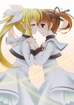  2girls artist_request blonde_hair brown_hair couple eyes_closed fate_testarossa female hair_ornament hand_holding happy long_hair looking_at_another lyrical_nanoha mahou_shoujo_lyrical_nanoha mahou_shoujo_lyrical_nanoha_a&#039;s mahou_shoujo_lyrical_nanoha_a's merue multiple_girls pigtails purple_eyes short_hair short_twintails smile takamachi_nanoha twintails yuri 
