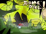  ambiguous_gender anthro big_breasts blush bodily_fluids breasts demon domestic_cat dungeon_mauler duo felid feline felis female forest_background game_over gameplay_mechanics gasp gastropod grass huge_breasts jtlavaman latex latex_body latex_skin looking_down low_res lying lying_on_grass mammal maso_(jtlavaman) mollusk on_front on_grass on_ground patchwork_creature plant saliva sharp_teeth smothering snail snailie_(jtlavaman) steam stitch_(sewing) stuck sweat taur teeth 