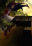  1girl black_hair black_pantyhose bow commission corrugated_galvanized_iron_sheet cropped_jacket dress floating_hair hair_bow higanbana_(higanbana_no_saku_yoru_ni) higanbana_no_saku_yoru_ni highres irreligiositat jacket long_hair mary_janes outdoors pantyhose power_lines red_eyes red_jacket red_shoes rooftop shoes sitting sky solo white_dress 