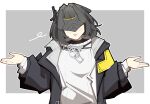  1girl :p arknights arknights:_endfield black_hair black_jacket border closed_mouth commentary endministrator_(arknights) fazni_frye female_endministrator_(arknights) grey_background grey_shirt hands_up highres jacket light_blush long_sleeves open_clothes open_jacket outline outside_border shirt short_hair shrugging simple_background solo tongue tongue_out upper_body white_border white_outline 