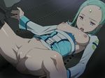  1girl areolae breasts censored eureka eureka_seven_(series) eureka_seven_ao green_hair highres ice_place legs lying medium_breasts nipples no_panties open_mouth purple_eyes pussy spread_legs sweat thighs torn_clothes 