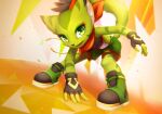  1girl animal_ears animal_nose black_gloves black_nose black_tank_top carol_tea cat_ears cat_girl fingerless_gloves freedom_planet freedom_planet_2 furry furry_female gloves green_eyes green_fur green_shoes green_shorts kuropapu red_scarf scarf shoes shorts striped_fur tank_top 