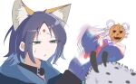  2girls absurdres animal_ear_fluff animal_ears black_choker black_hair blue_hair blue_hoodie blurry blurry_foreground cho_kaguya-hime! choker collarbone collarbone_piercing commentary forehead_jewel fox_ears fushi_(cho_kaguya-hime!) green_eyes grey_hair highres hood hoodie jack-o'-lantern long_hair long_sleeves looking_at_another motion_blur multicolored_hair multiple_girls pink_hair pumpkin_mask runami_yachiyo ry_ksd2 sakayori_iroha short_hair simple_background sweatdrop two-tone_hair white_background wide_sleeves 
