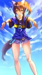  1girl animal_ears bead_bracelet beads belt blue_hair blue_shirt blue_sky bracelet brown_hair cloud collarbone commentary_request cutoffs daitaku_helios_(fun_fun_party_night)_(umamusume) daitaku_helios_(umamusume) double_v ear_covers facial_tattoo fang grin gyaru_v hair_ornament hairclip highres horse_ears horse_girl horse_tail jewelry long_hair looking_at_viewer multicolored_hair necklace open_mouth shirt shorts side_ponytail sky smile solo star_(symbol) star_hair_ornament streaked_hair tail tattoo teeth tied_shirt umamusume v white_shorts yangyue_mao yellow_belt yellow_eyes 