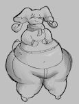  2026 anthro audino bodily_fluids bottomwear clothed clothing eyebrows eyelashes eyes_closed female generation_5_pokemon grey_background greyscale midriff monochrome nintendo pants pokemon pokemon_(species) scarf shaded simple_background sketch smile solo standing sweat sweatdrop sweater tail thick_thighs tight_clothing topwear wide_hips wolfgirl9million 