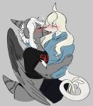  2026 ahoge anthro ashley_morgan black_clothing black_crop_top black_panties black_shirt black_t-shirt black_topwear black_underwear blonde_hair blue_clothing blue_hoodie blue_topwear blush blush_lines cavemanon_studios clothing crop_top digital_drawing_(artwork) digital_media_(artwork) dinosaur duo elbow_feathers electronics eyes_closed fan_character feathered_wings feathers female female/female freckled_face freckled_tail freckles grey_background grey_body grey_feathers grey_hair grey_scales hair headphones hi_res hoodie judee kissing long_hair long_tail making_out midriff panties prehistoric_species pterodactylus pterosaur puppet_pals reptile saurischian scales scalie scaredofbunnies shirt short_tail simple_background snoot_game t-shirt tail tail_tuft theropod topwear troodon troodontid tuft underwear wings 