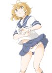  1girl ahoge akara_kai bandaid bandaid_on_face blue_sailor_collar blue_skirt brown_eyes brown_hair clothes_lift commentary_request floating_hair highres kantai_collection oboro_(kancolle) open_mouth panties pantyshot pleated_skirt sailor_collar school_uniform serafuku short_hair skirt skirt_lift smile sweatdrop underwear upskirt white_panties wind wind_lift 