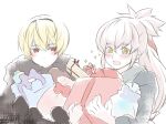  2boys black_hairband blonde_hair box closed_mouth commentary_request fire_emblem fire_emblem_fates gift gift_bag gift_box grey_hair hair_ribbon hairband highres holding holding_gift leo_(fire_emblem_fates) looking_at_another looking_at_object male_focus multiple_boys nknaxs open_mouth orange_eyes red_eyes red_ribbon ribbon simple_background sparkle takumi_(fire_emblem) white_background 
